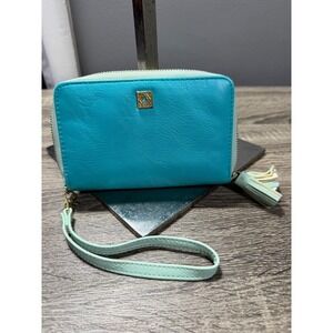 Kate Landry Turquoise Faux Leather Zip  Wristlet Wallet Clutch Tassel Accent